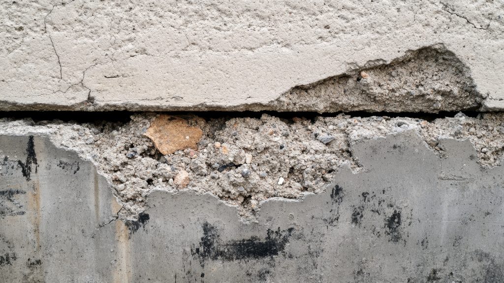 Close up of cracked concrete wall showcasing weathered texture and exposed aggregate.